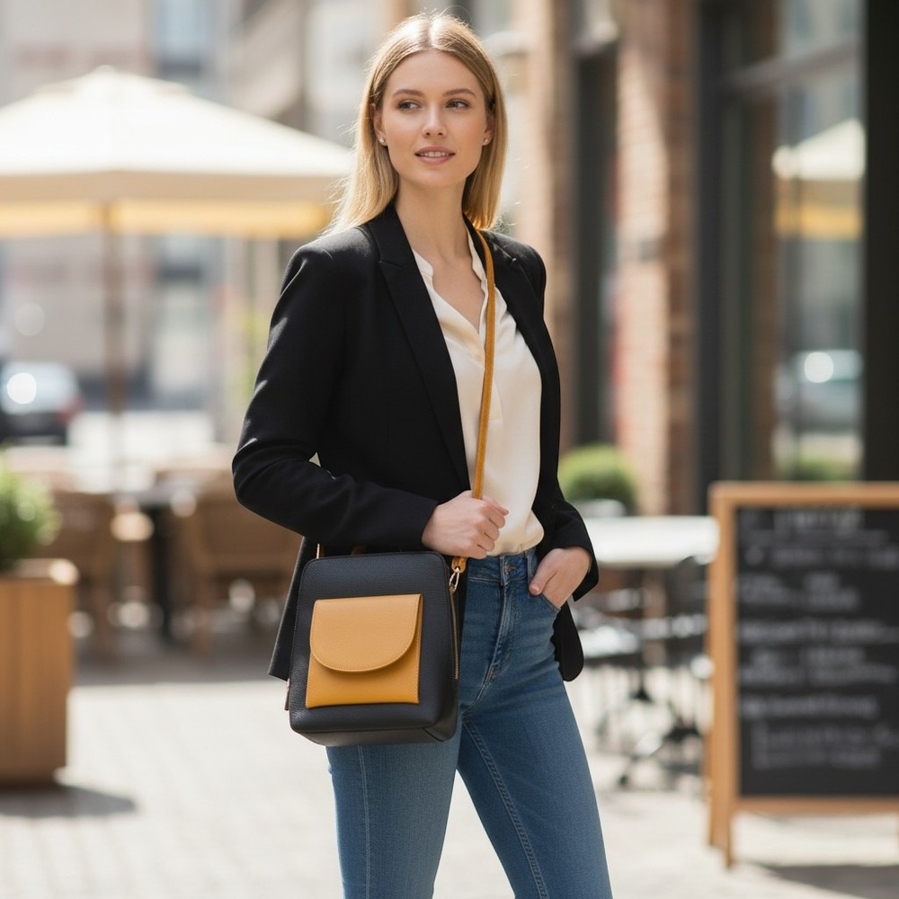 Divina Firenze Italian Leather Convertible Backpack Crossbody Bag Black Tan Gold